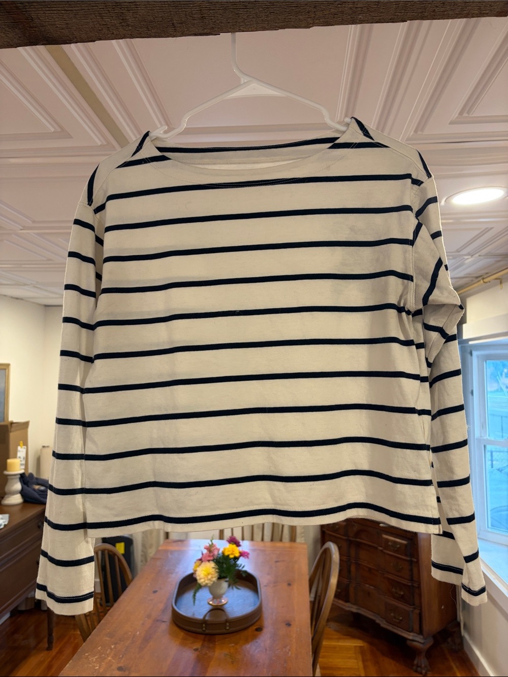Old Navy White and Navy Striped Long-Sleeve Boatneck Tee